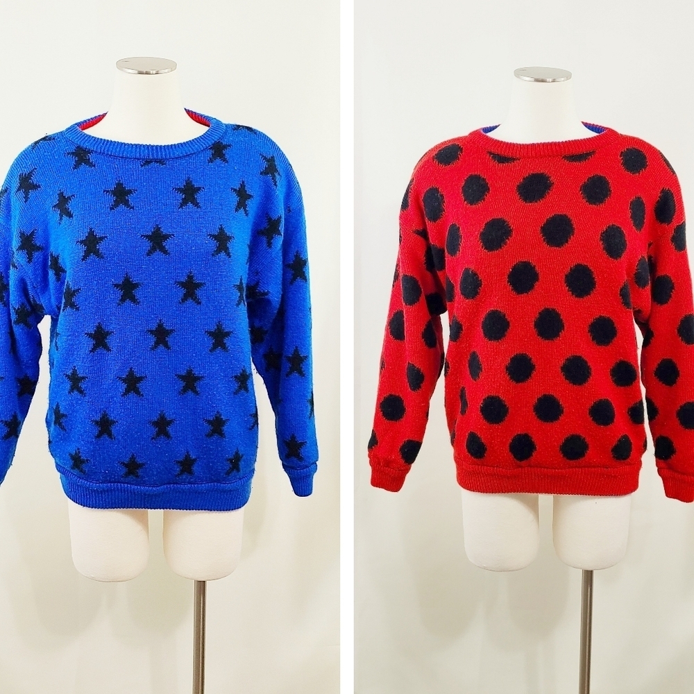 Vintage 80s reversible sweater blue stars red Black polka dots bright kidcore